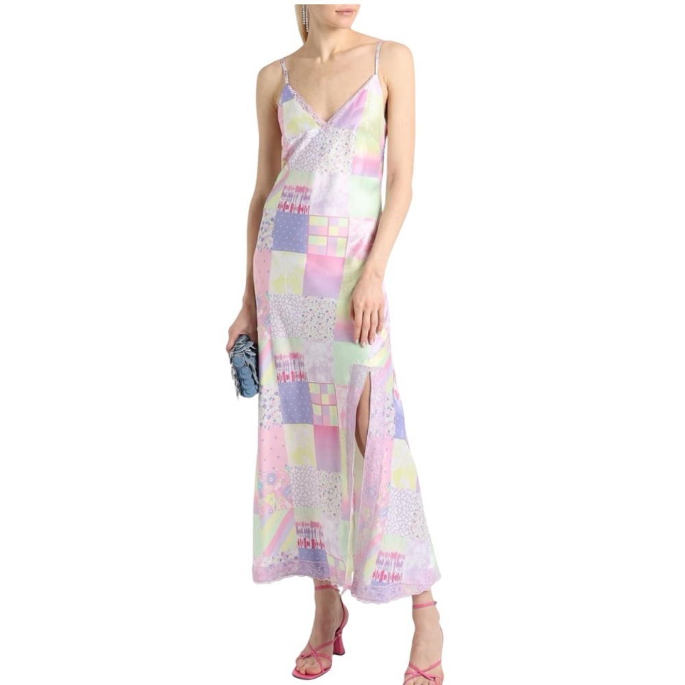 OLIVIA RUBIN Patchwork Pastel Lace Trimmed Satin Maxi Dress - Women’s Size 6 New